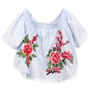 SEEK THE LABEL Rum Stripe Floral Off The Shoulder Crop Blouse Blue Women's Small